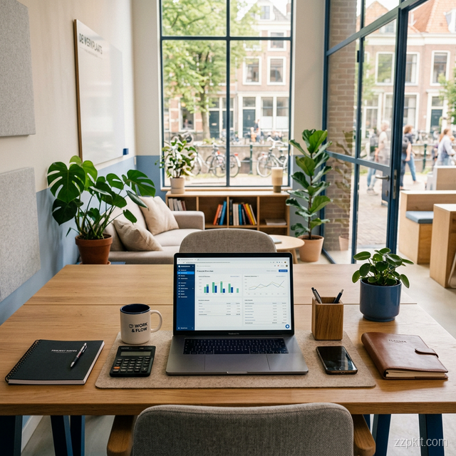 Moderne werkplek met laptop, rekenmachine en financiële documenten in een licht Nederlands kantoor