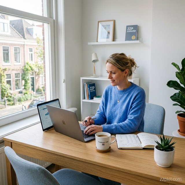 Nederlandse ZZP'er werkt aan financiële administratie op een laptop in een lichte thuiswerkplek