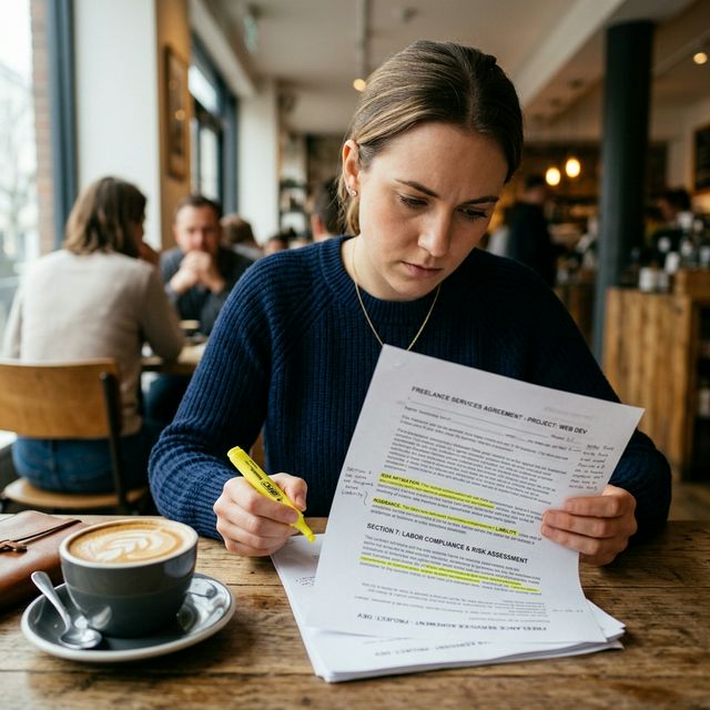 Freelancer bestudeert een contract om arbeidsrelatierisico's te beoordelen